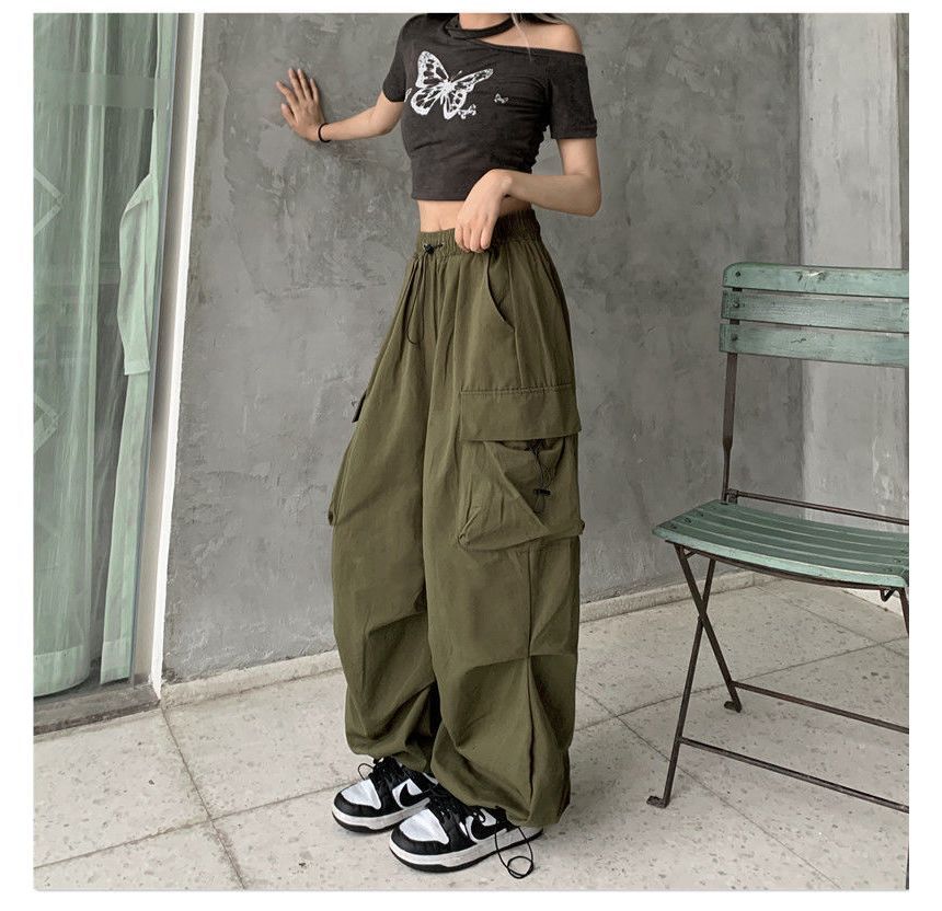 Leg Drawstring Wide Cargo Pants Waist Plain