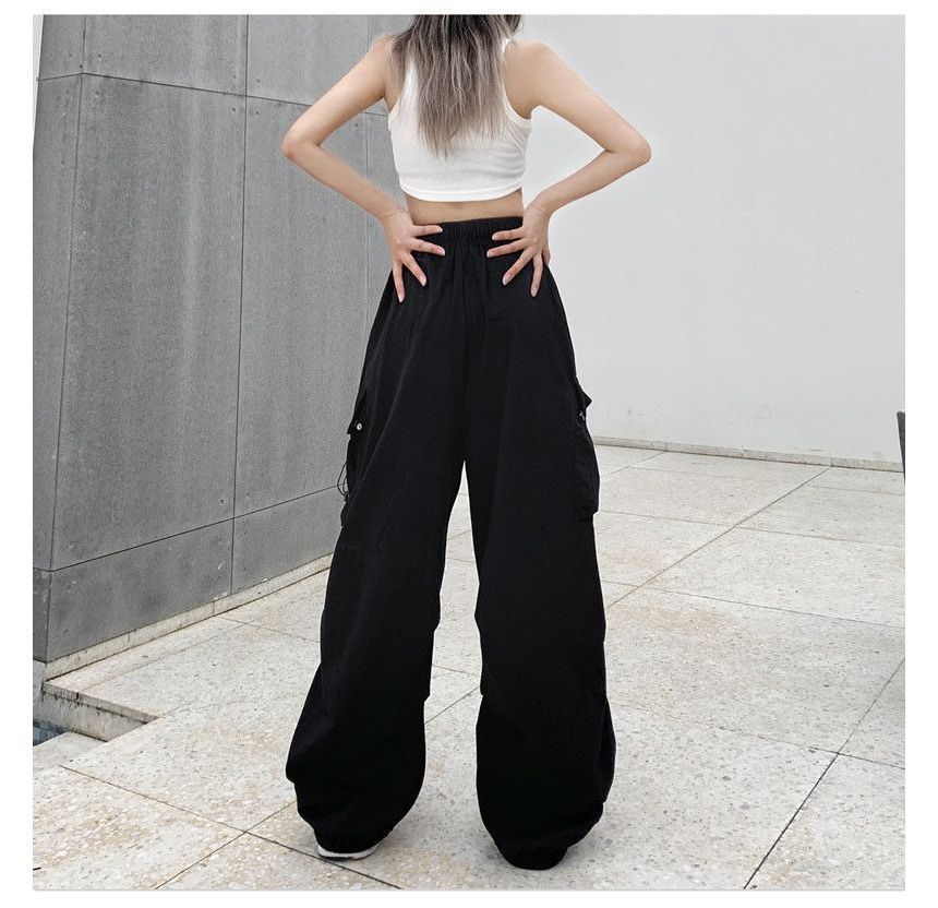 Leg Drawstring Wide Cargo Pants Waist Plain