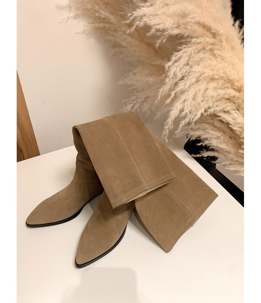 Block Heel Pointed Toe Genuine Leather Tall Boots