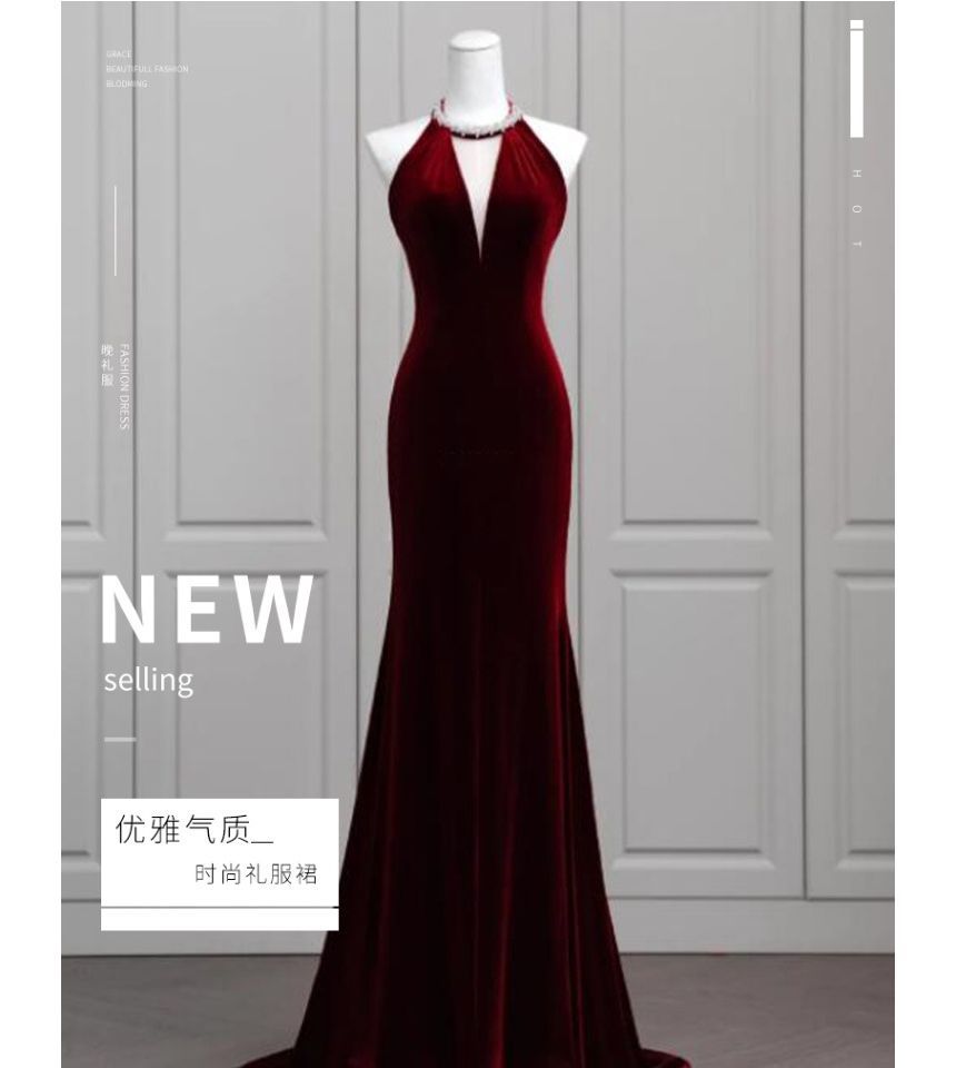 Halter Plain Rhinestone Fringe Velvet Mermaid Evening Gown