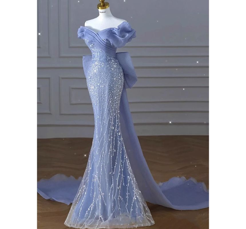 Short-Sleeve Off Shoulder Sequin Ruched Bow Panel Mermaid Evening Gown