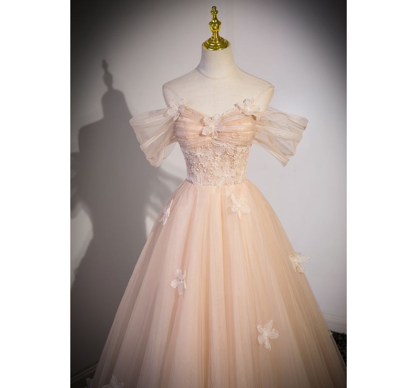 Short-Sleeve Off Shoulder Floral Patterned Panel Mesh A-Line Evening Gown