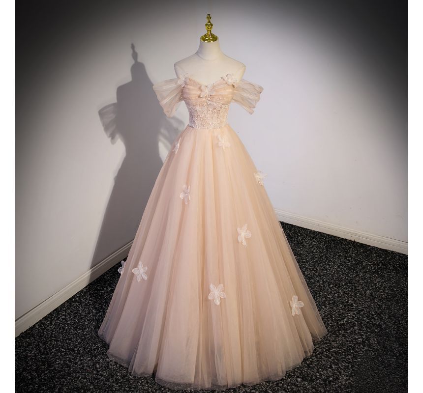 Short-Sleeve Off Shoulder Floral Patterned Panel Mesh A-Line Evening Gown