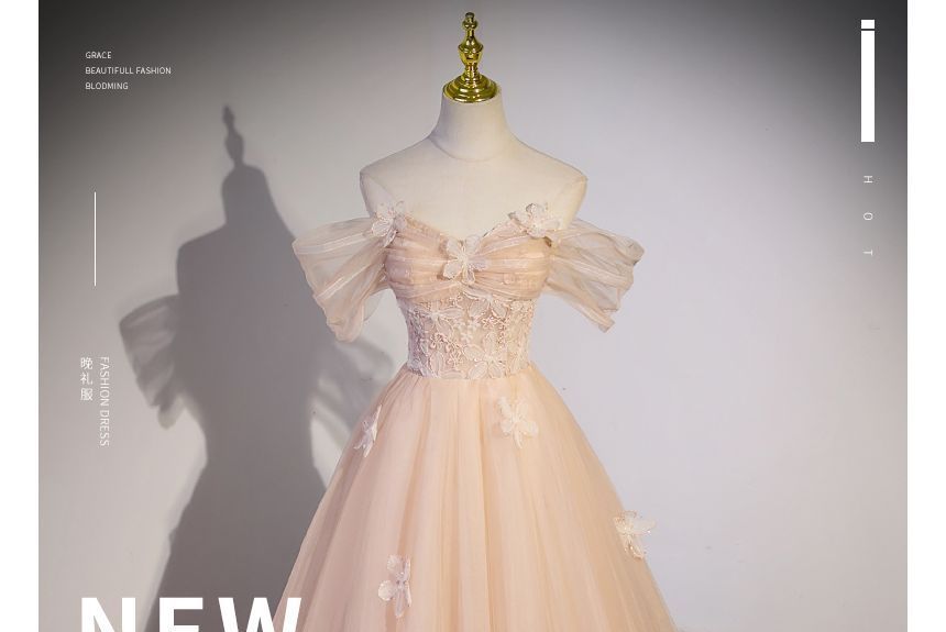 Short-Sleeve Off Shoulder Floral Patterned Panel Mesh A-Line Evening Gown