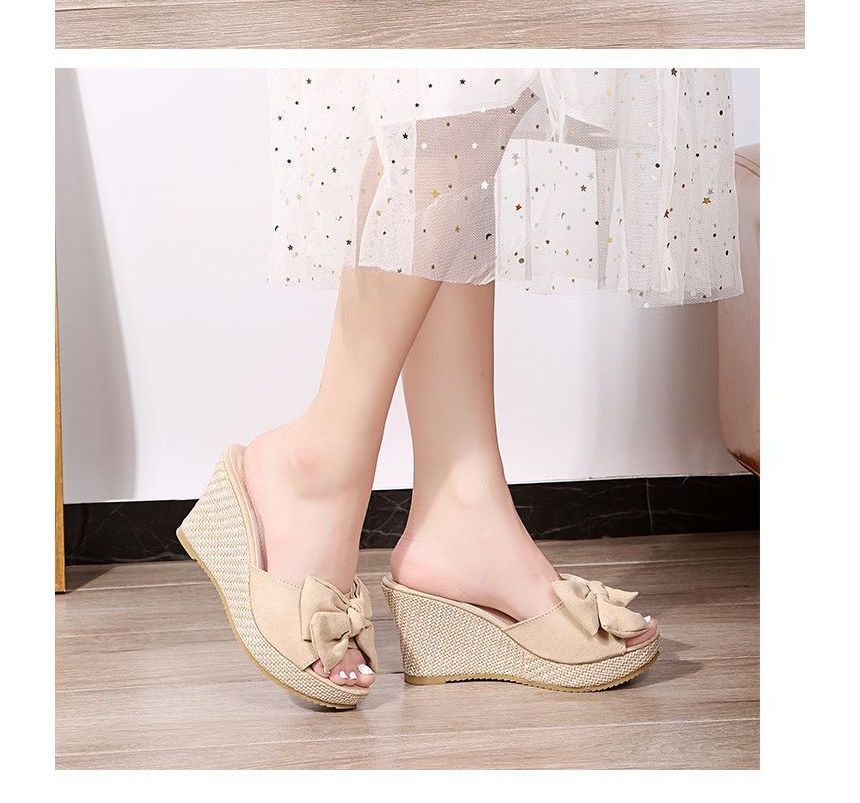 Slide Wedge Espadrille Sandals Bow Heel