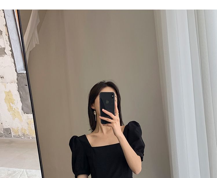 Dress Neck Short-Sleeve Plain Midi Square A-Line