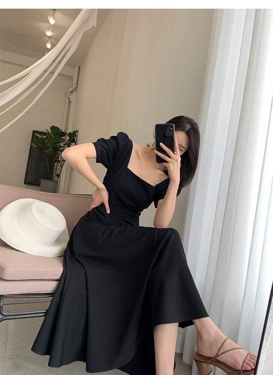 Dress Neck Short-Sleeve Plain Midi Square A-Line