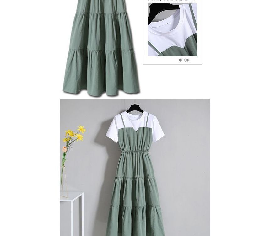 Short-Sleeve Crew Mock Two-Piece A-Line Dress Neck Tiered Midi