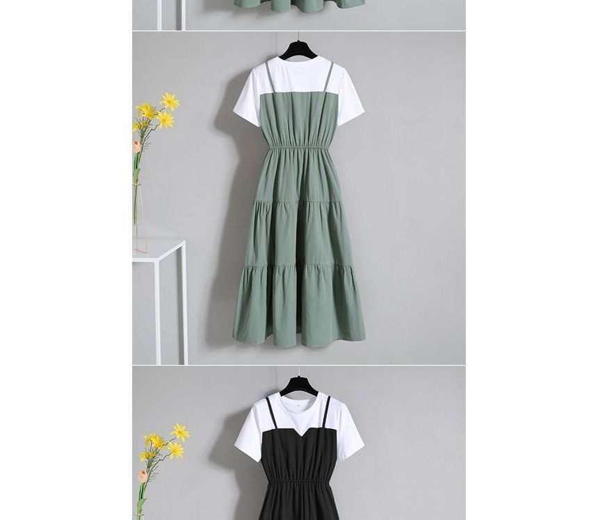 Short-Sleeve Crew Mock Two-Piece A-Line Dress Neck Tiered Midi