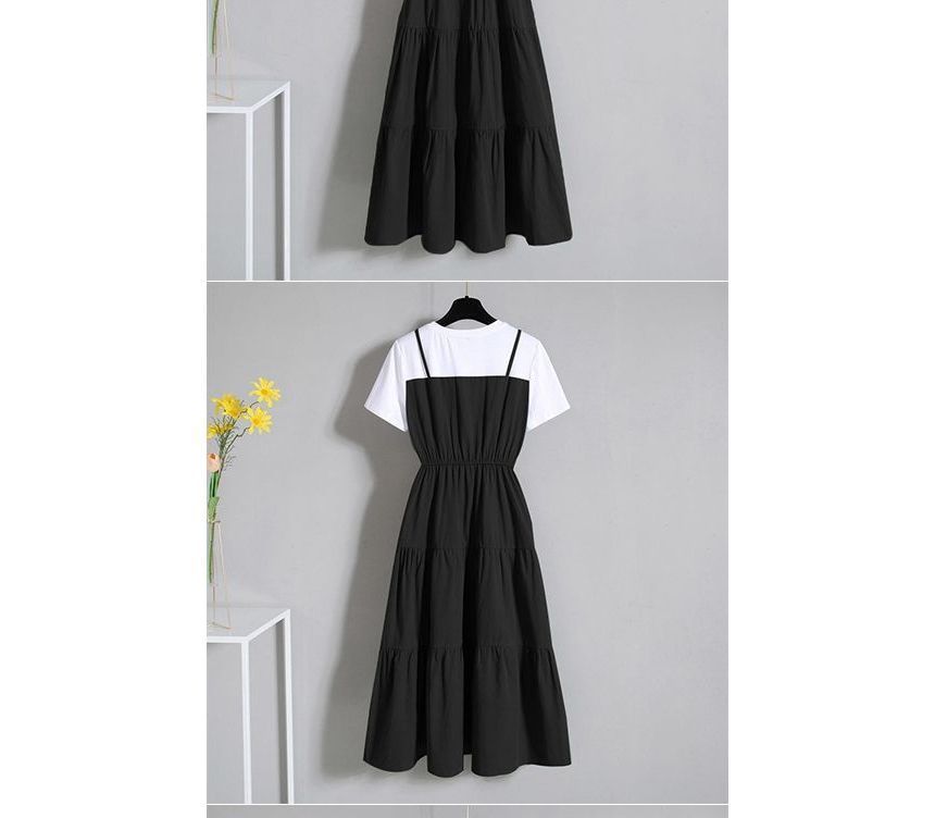 Short-Sleeve Crew Mock Two-Piece A-Line Dress Neck Tiered Midi