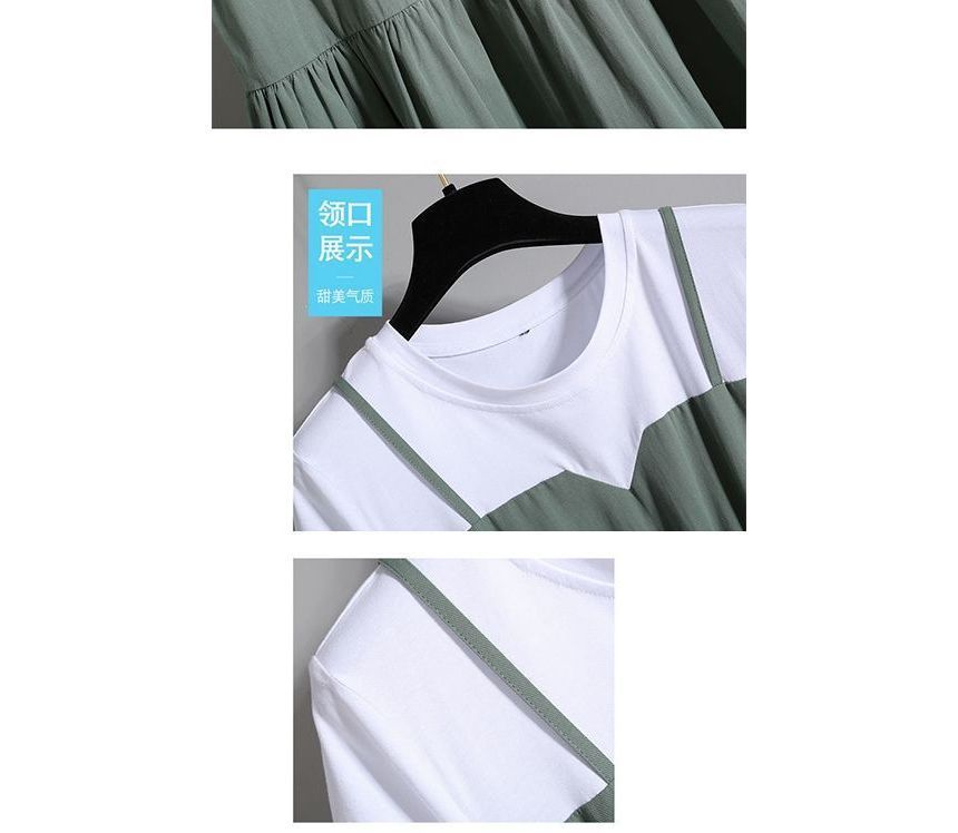 Short-Sleeve Crew Mock Two-Piece A-Line Dress Neck Tiered Midi