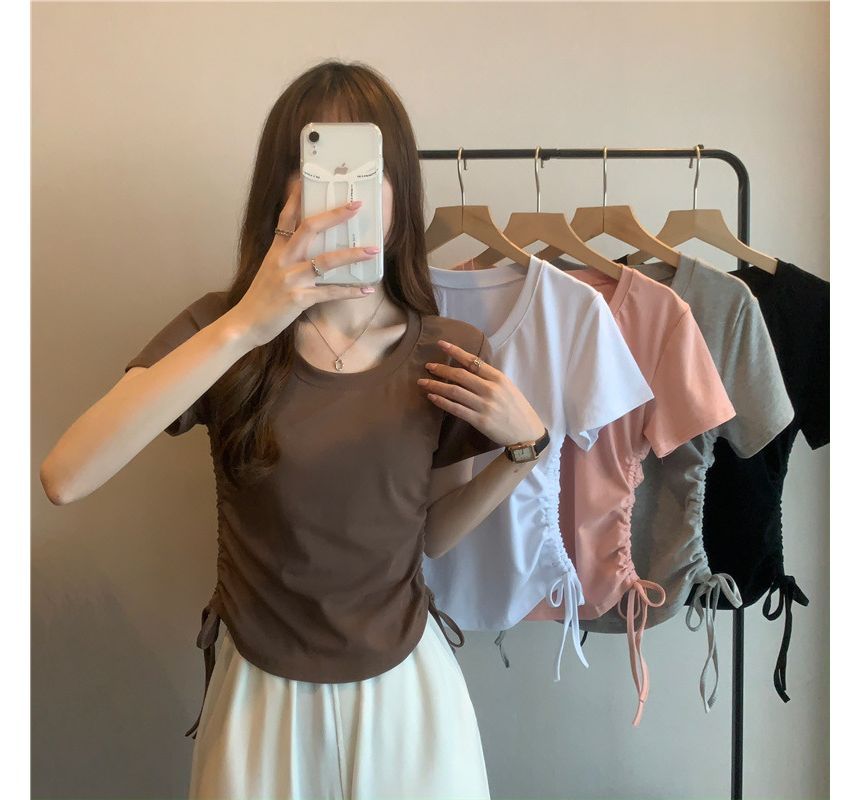 Neck Drawstring Crew Plain Short-Sleeve Tee