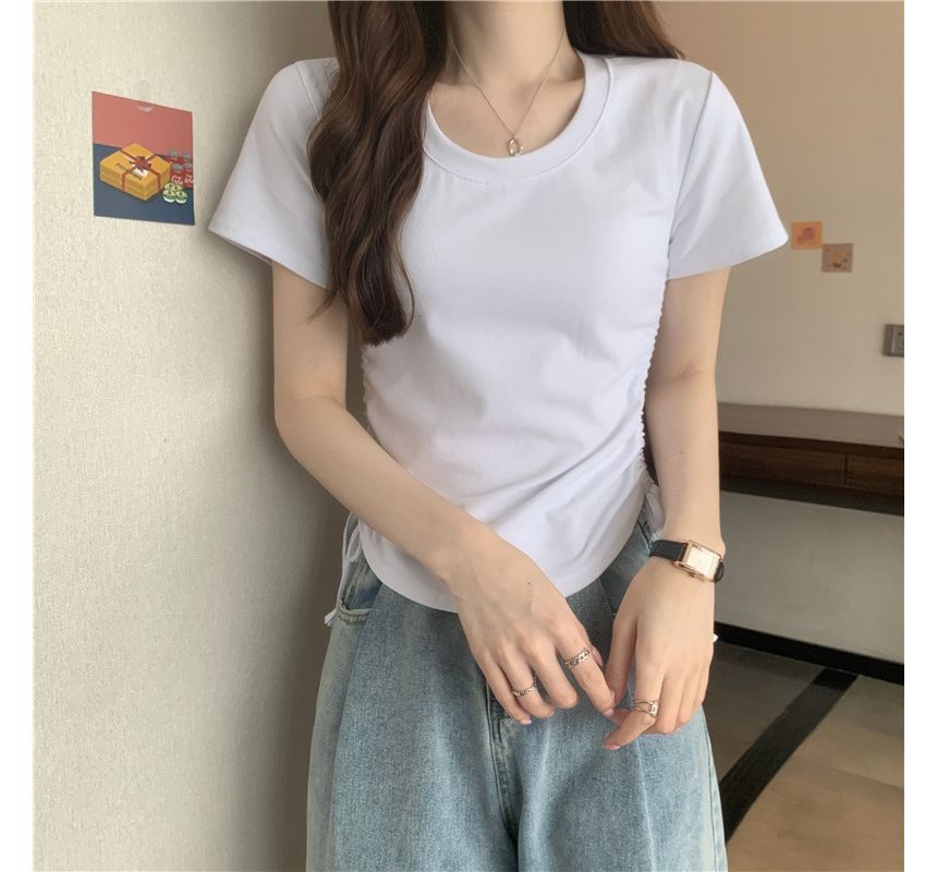 Neck Drawstring Crew Plain Short-Sleeve Tee