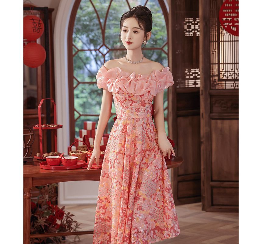 Short-Sleeve Ruffle Floral Mesh Midi A-Line Evening Dress