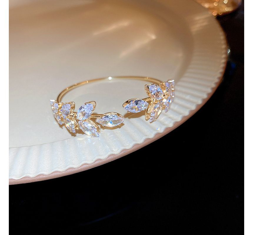 Bangle Alloy Rhinestone Leaf Open