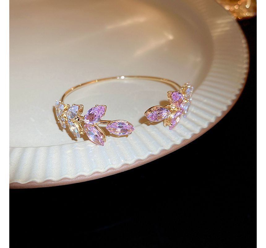 Bangle Alloy Rhinestone Leaf Open