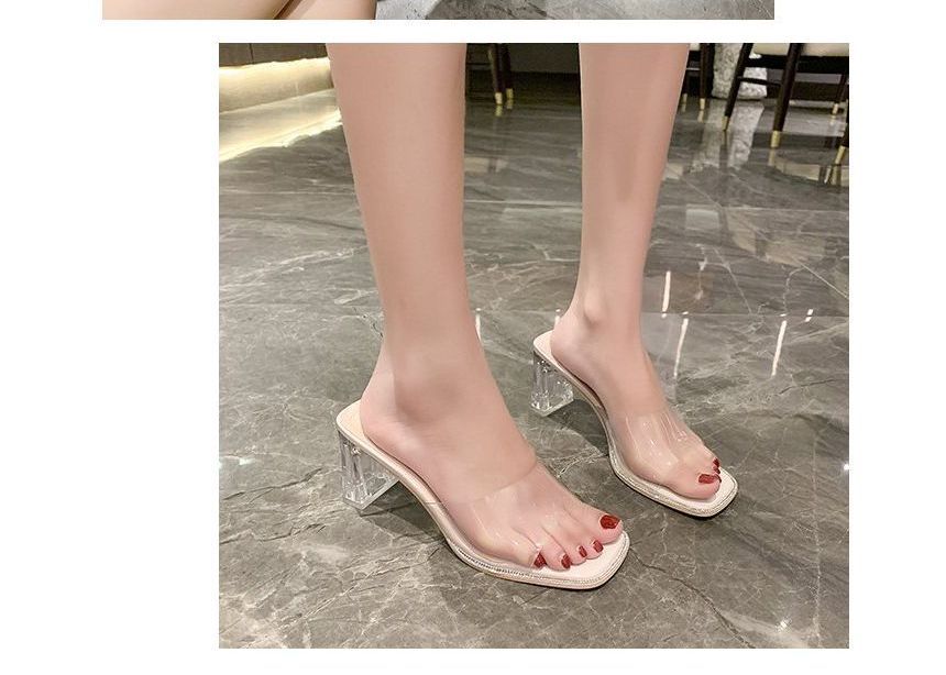 Slide Rhinestone Strap Sandals PVC Heel Block Square-Toe
