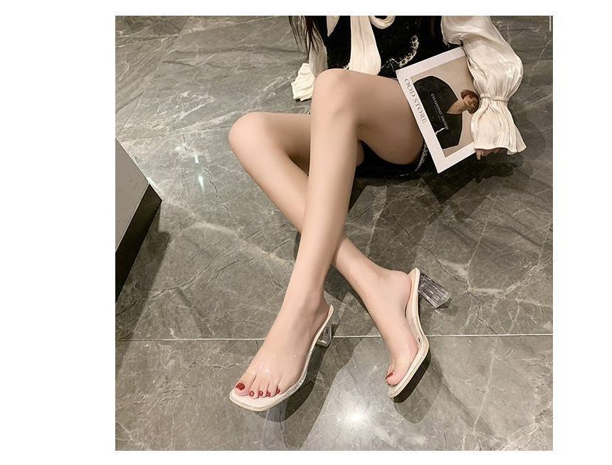 Slide Rhinestone Strap Sandals PVC Heel Block Square-Toe