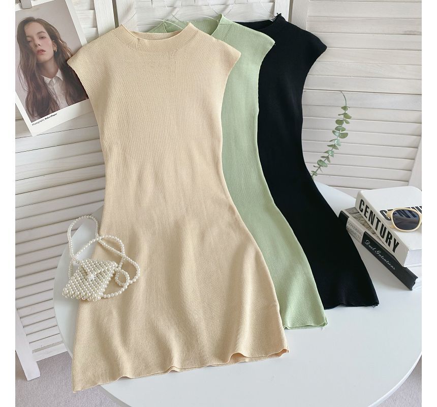 Cap-Sleeve Mock Neck Plain Knit Mini Bodycon Dress