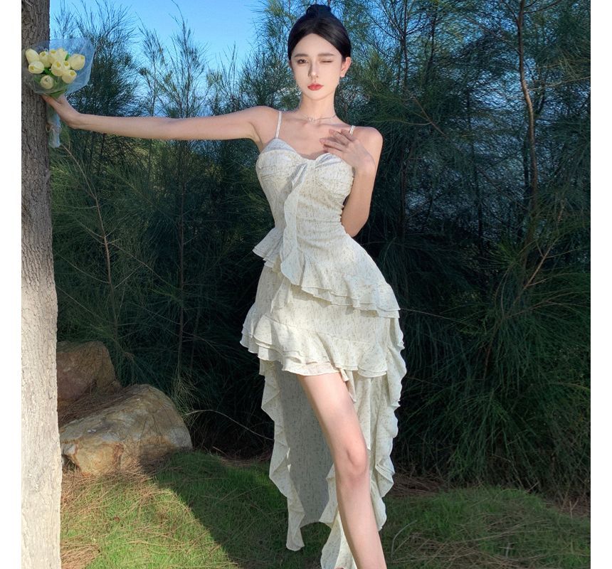 Maxi Floral A-Line Spaghetti Dress Ruffle Trim Strap