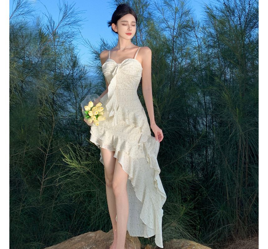 Maxi Floral A-Line Spaghetti Dress Ruffle Trim Strap