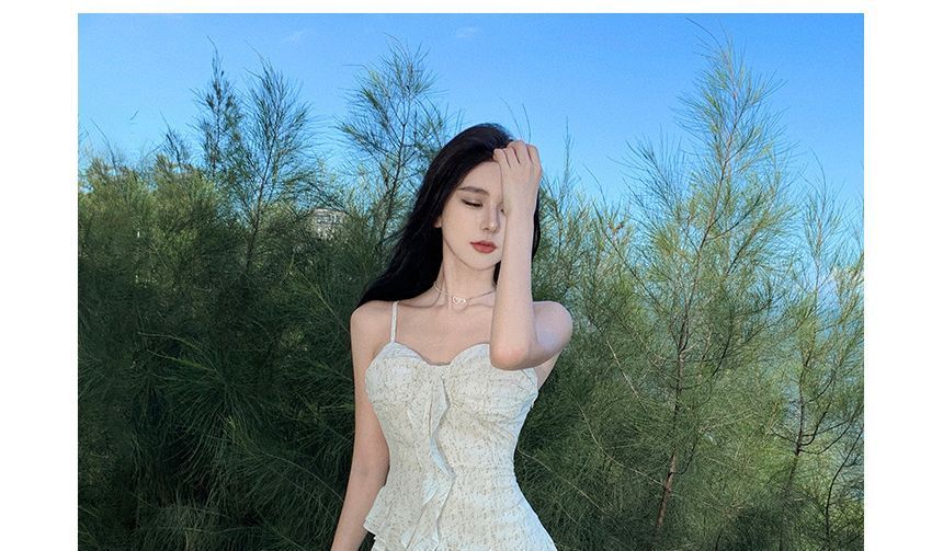 Maxi Floral A-Line Spaghetti Dress Ruffle Trim Strap