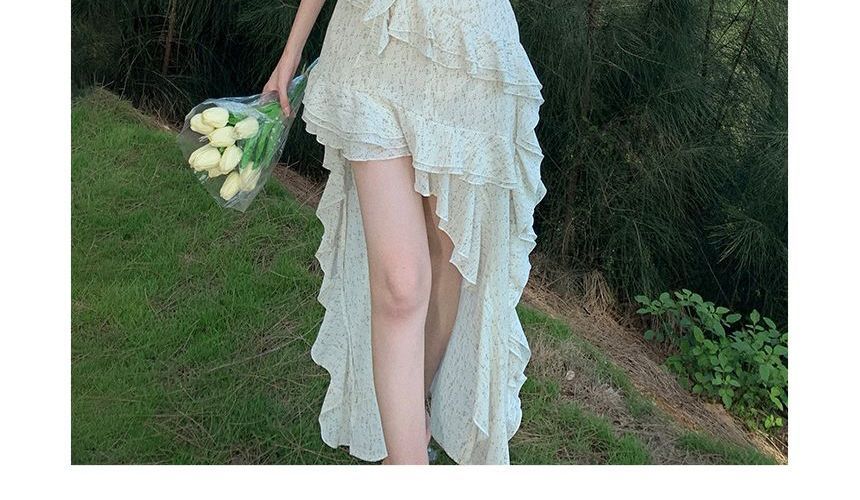 Maxi Floral A-Line Spaghetti Dress Ruffle Trim Strap