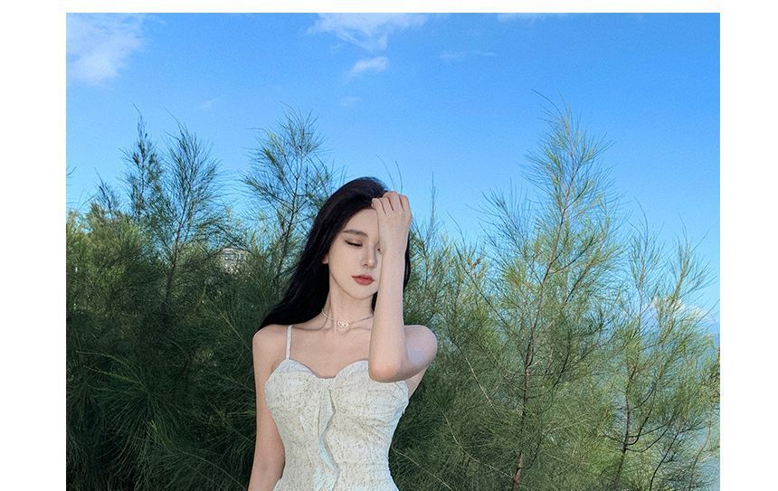 Maxi Floral A-Line Spaghetti Dress Ruffle Trim Strap