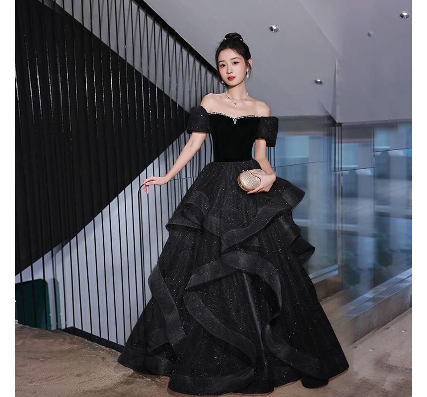 Gown Off Panel Short-Sleeve A-Line Shoulder Glitter Rhinestone Ruffle Velvet Evening