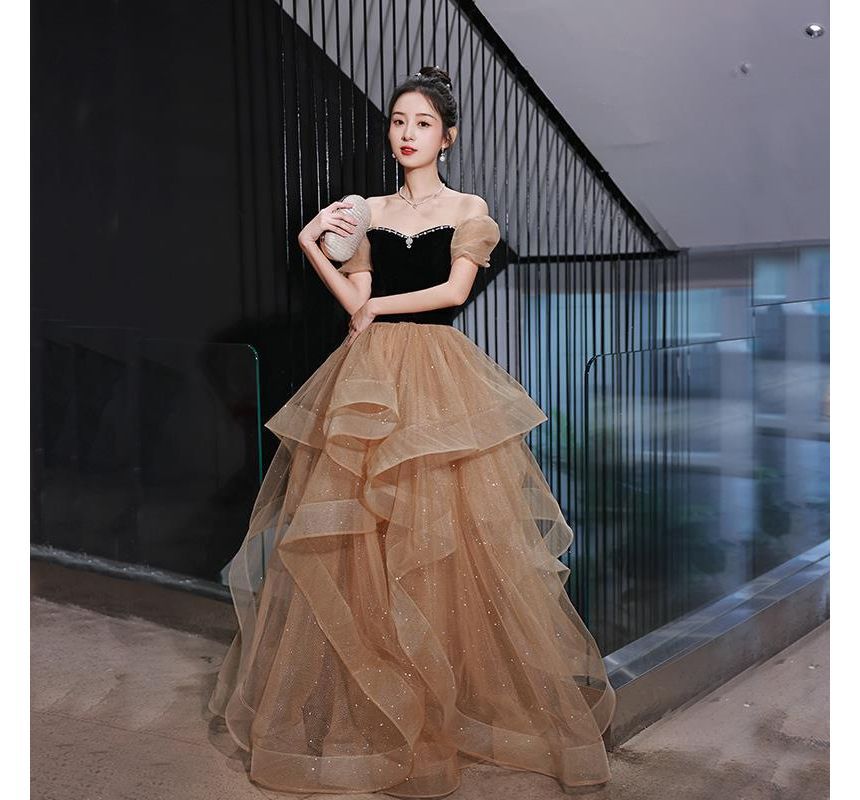 Gown Off Panel Short-Sleeve A-Line Shoulder Glitter Rhinestone Ruffle Velvet Evening