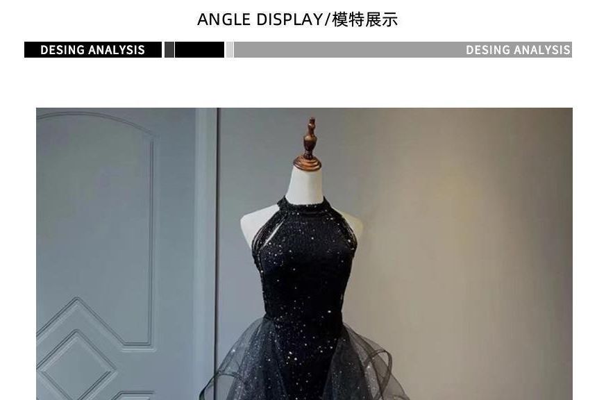 Sleeveless Evening Crew A-Line Glitter Beaded Neck Gown Panel Ruffle Mesh Plain