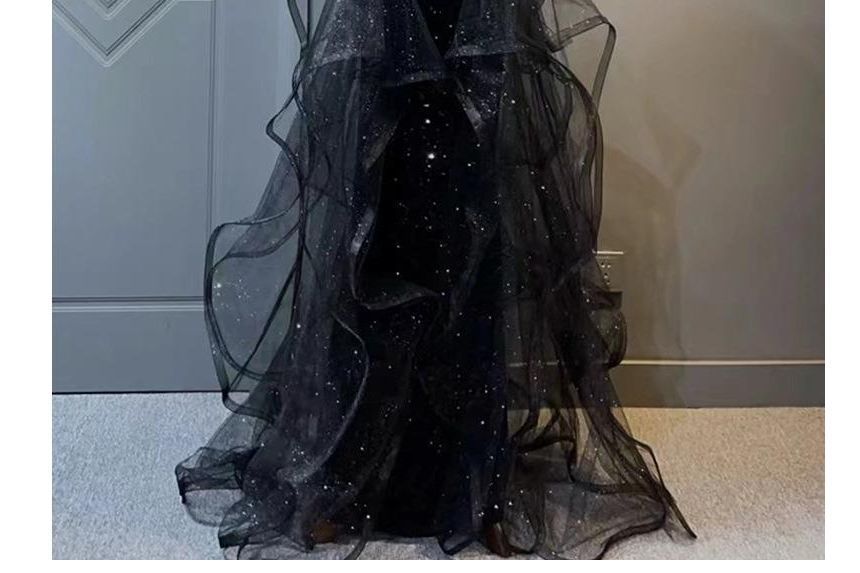 Sleeveless Evening Crew A-Line Glitter Beaded Neck Gown Panel Ruffle Mesh Plain