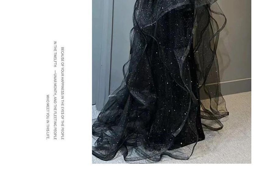 Sleeveless Evening Crew A-Line Glitter Beaded Neck Gown Panel Ruffle Mesh Plain