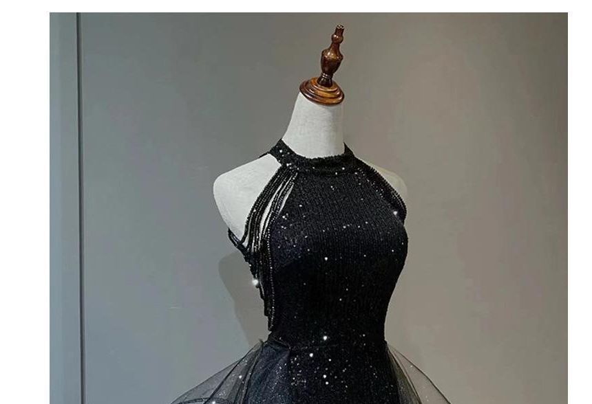 Sleeveless Evening Crew A-Line Glitter Beaded Neck Gown Panel Ruffle Mesh Plain