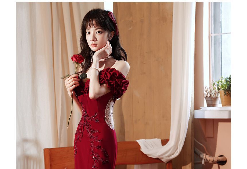 Mesh Beaded Mermaid Ruched Panel Short-Sleeve Plain Shoulder Evening Gown Off