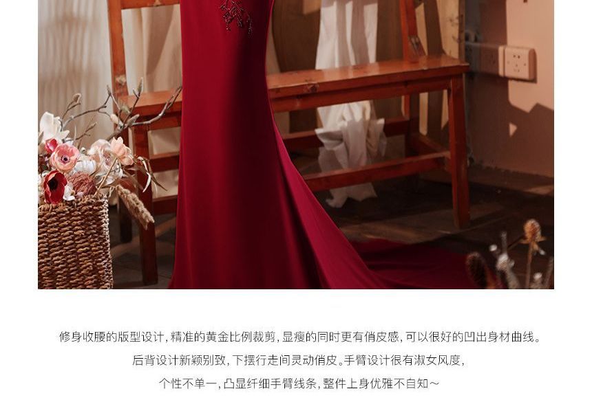 Short-Sleeve Off Shoulder Plain Beaded Ruched Panel Mesh Mermaid Evening Gown