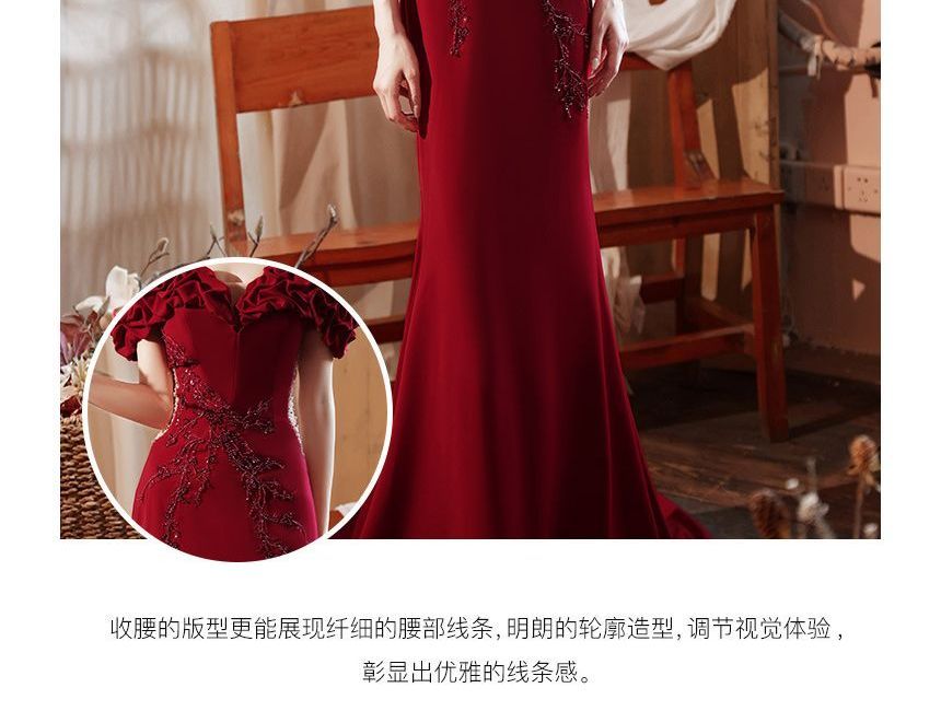 Short-Sleeve Off Shoulder Plain Beaded Ruched Panel Mesh Mermaid Evening Gown