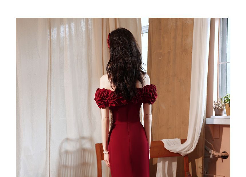 Mesh Beaded Mermaid Ruched Panel Short-Sleeve Plain Shoulder Evening Gown Off