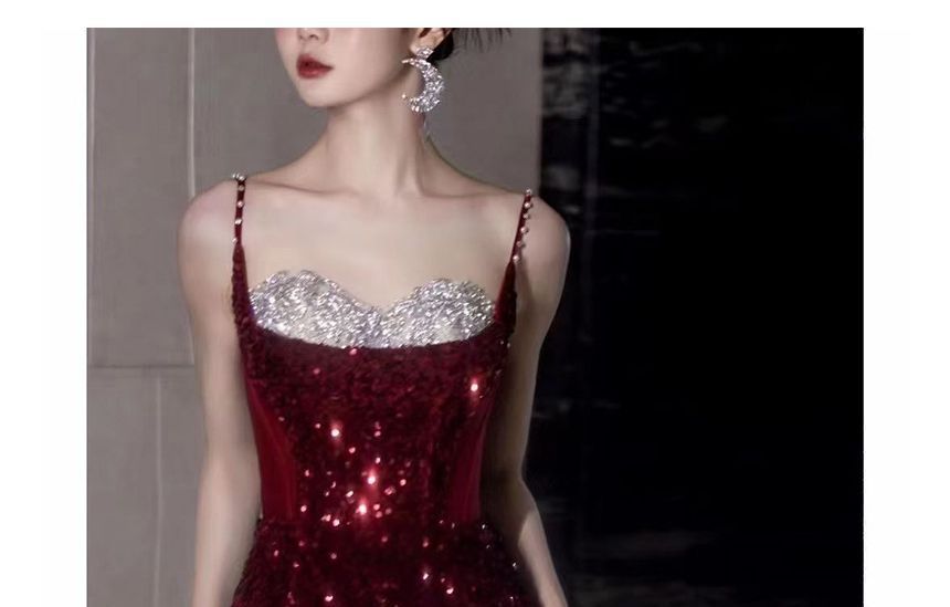 Spaghetti Evening Sequin A-Line Panel Two Mesh Strap Tone Slit