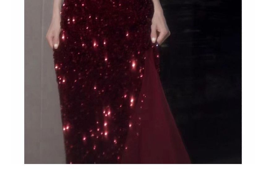 Spaghetti Evening Sequin A-Line Panel Two Mesh Strap Tone Slit