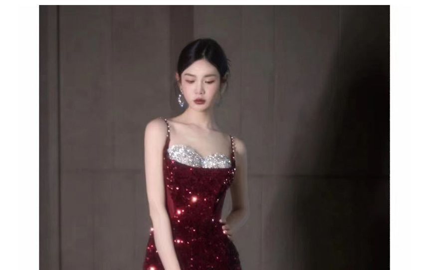 Spaghetti Evening Sequin A-Line Panel Two Mesh Strap Tone Slit