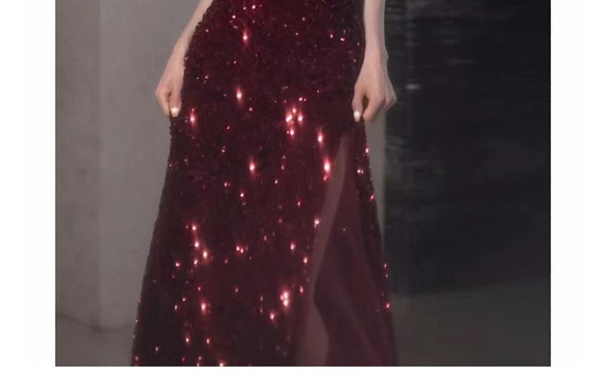 Spaghetti Evening Sequin A-Line Panel Two Mesh Strap Tone Slit