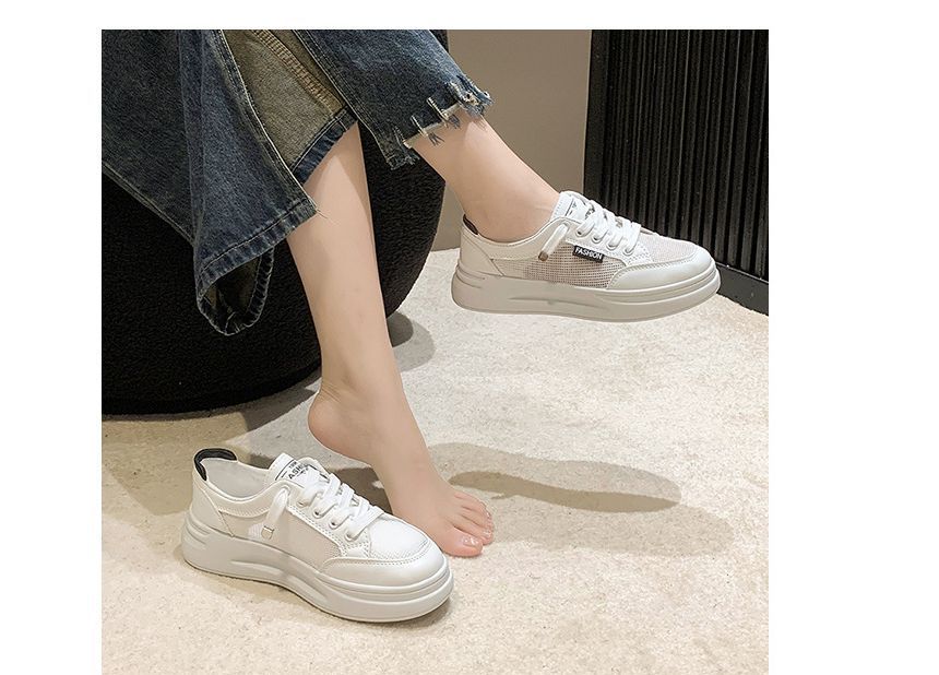 Lettering Mesh Panel Lace-Up Platform Sneakers