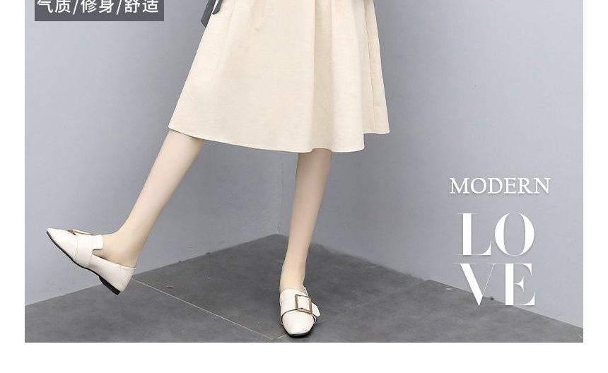 Plain Set: T-Shirt Midi A-Line Skirt Waist + Neck Short-Sleeve Round Elastic