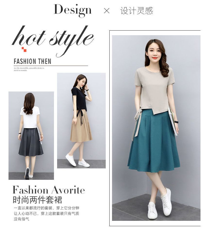 Plain Set: T-Shirt Midi A-Line Skirt Waist + Neck Short-Sleeve Round Elastic