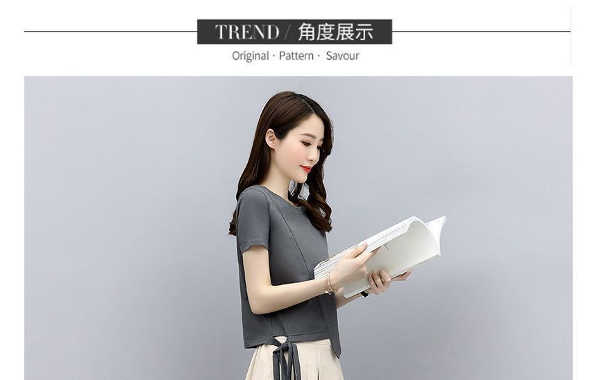 Plain Set: T-Shirt Midi A-Line Skirt Waist + Neck Short-Sleeve Round Elastic