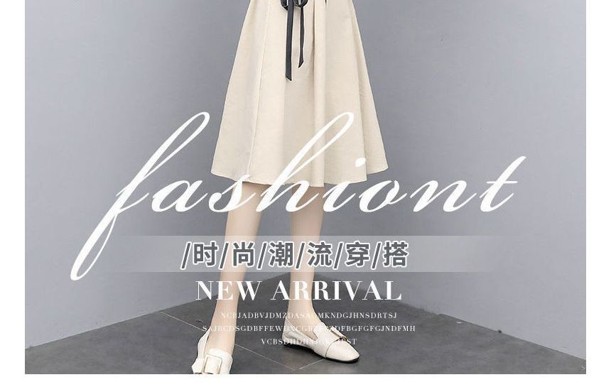 Plain Set: T-Shirt Midi A-Line Skirt Waist + Neck Short-Sleeve Round Elastic