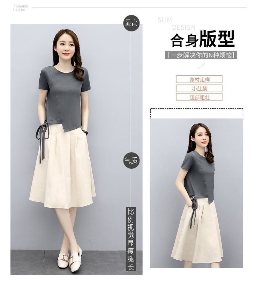 Plain Set: T-Shirt Midi A-Line Skirt Waist + Neck Short-Sleeve Round Elastic