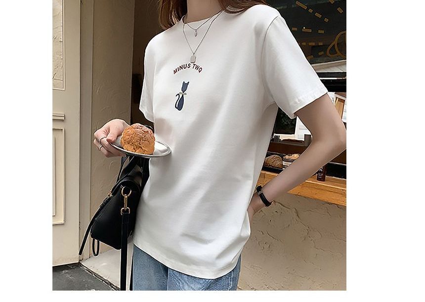 T-Shirt Crew Short-Sleeve Cat Print Neck