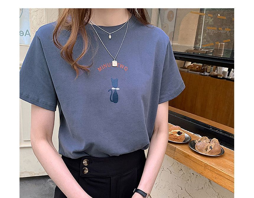 T-Shirt Crew Short-Sleeve Cat Print Neck